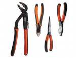 Four hand tools with black and orange handles are displayed: adjustable pliers, diagonal cutting pliers, long nose pliers, and combination pliers, all positioned upright on a white background.