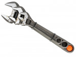 A silver adjustable wrench with three movable jaws and measurement markings, featuring an orange circular detail on the handle and extra holes for grip or hanging.