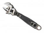 Three adjustable wrenches of different sizes are stacked together, secured with a plastic holder, and placed on a white background.