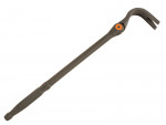 A steel pry bar with a curved, forked end for pulling nails and a straight handle, featuring an orange circular detail near the curved end.