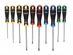 A set of ten Bahco screwdrivers with black handles, each marked with colored accents and symbols indicating different types and sizes of screwdriver tips.