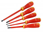 Five insulated screwdrivers with red and yellow handles are arranged in a row. The handles are marked with the brand name BAHCO and each has a different sized tip, including both flathead and Phillips types.