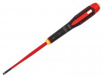 A flathead screwdriver with a black and red insulated handle, labeled Bahco, and a long, narrow red shaft.