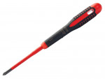 A red and black Phillips screwdriver with a slim, insulated shaft and an ergonomic handle, designed for electrical work.