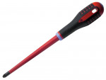 A Phillips-head screwdriver with a red and black ergonomic handle and a long red shaft, positioned on a white background.