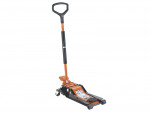 A low-profile orange and black hydraulic floor jack with a long handle, designed for lifting vehicles, is shown on a white background.