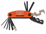 A Bahco-branded orange and black multi-tool with various fold-out tools including hex keys, a corkscrew, and a metal bottle opener attachment.