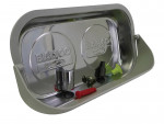 A rectangular Bahco branded magnetic parts tray holding various metal and plastic fasteners, including screws, a socket, clips, and colored plastic pins.