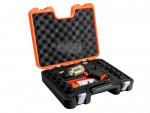 A black and orange hard case with foam padding, containing a power tool and several interchangeable sockets, likely a pneumatic impact wrench set. The case is open, showing the organized contents inside.