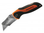 A Bahco folding utility knife with a black and orange ergonomic handle and a partially open silver blade.,