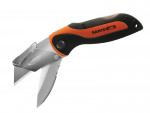 A Bahco-branded folding utility knife with a black and orange handle and a partially open stainless steel blade.,