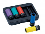 A set of five colored socket wrenches (purple, green, red, blue, and yellow) is displayed in a black plastic tray, with two sockets placed outside the tray.