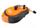 An orange and black Bahco chalk line reel with a crank handle and clip, used for marking straight lines on surfaces in construction and carpentry.