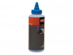 A plastic squeeze bottle with a blue cap, containing blue chalk powder for marking, featuring a red and black label with product branding and an image of the chalk being used.