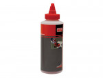 A plastic squeeze bottle with a red pointed cap, labeled Bahco Chalk Red, used for marking or construction. The label features a photo of chalk being poured and red, black, and gray design elements.