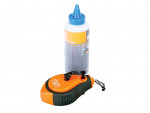 A chalk line kit with an orange and black chalk reel and a bottle of blue marking chalk with a blue nozzle cap.,
