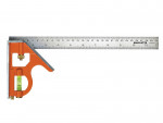 A metal combination square with an orange handle, a built-in bubble level, and a silver ruler marked in centimeters and inches.