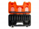 An orange and black hard plastic case open to reveal a set of black socket wrenches and attachments, organized in molded slots, with three translucent storage compartments in the lid.