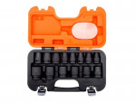 An open black and orange hard plastic case displaying a set of 14 black sockets, each fitted into its designated slot, with secure clasps on the front.