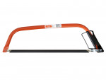 A Bahco hand saw with an orange metal frame and a black blade guard on one end, designed for cutting wood.