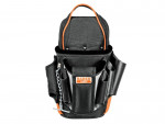 A black and orange Bahco tool pouch with multiple pockets, slots, and a chain for holding small tools, designed for carrying hand tools and accessories.