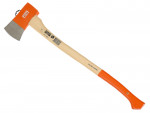 A single-blade axe with a wooden handle and an orange head and grip. The axe has a metal blade and a barcode label on the handle.,