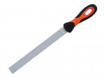 A long, flat metal file with a textured surface and a black-and-orange ergonomic handle, used for smoothing or shaping materials like wood or metal.