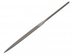 A thin, metal needle file with a pointed tip and textured surface, used for filing or shaping small objects in metalworking, woodworking, or crafting. The file tapers to a rounded handle.