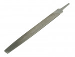 A flat metal hand file with a textured surface for smoothing or shaping materials, featuring a pointed tang at one end and a rectangular flat body.