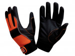 A pair of black work gloves with orange accents and reinforced stitching, displayed palm up and palm down, with an adjustable wrist strap on one glove.