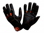 A pair of black work gloves with orange accents and stitching, textured palms, and adjustable wrist straps, displayed with one glove showing the palm and the other showing the back.