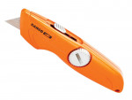 An orange utility knife with a silver handle.,