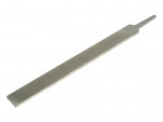 A flat metal file with a textured surface and a pointed tang handle, used for smoothing or shaping materials like metal or wood.