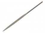 A metal file with a long, slender handle and a pointed, flat body featuring a rough, textured surface for filing or smoothing materials. The tool is photographed on a white background.