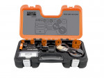 An orange and black Bahco tool case open to display a hole saw set, including several round saw blades, arbors, a brush, and various accessories neatly arranged in fitted compartments.