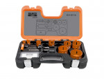 A Bahco branded hole saw set in an open black and orange plastic case, displaying various hole saw blades, arbors, and accessories organized in designated slots.