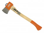 A wood-handled axe with an orange blade cover and orange grip, featuring the Bahco logo and product labels on the handle.