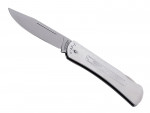 A stainless steel folding pocket knife with its blade open, featuring a slim handle and a simple, minimalist design.