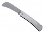 A stainless steel folding pruning knife with a curved blade and a straight handle, shown in an open position on a white background.