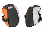Two black, orange, and gray knee pads with adjustable straps and a Bahco logo on each, displayed against a white background.