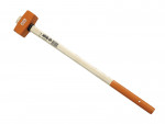 A sledgehammer with an orange metal head and a long wooden handle, which has an orange grip at the end and a label near the head.