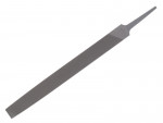 A flat metal hand file with a pointed handle and a textured, abrasive surface for smoothing or shaping materials like metal or wood.