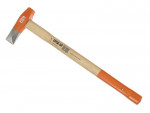 A wood-handled splitting maul with a silver, wedge-shaped metal head and orange protective sleeves on both the hammerhead and handle ends.