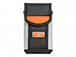 Black and gray Bahco tool pouch with an orange flap and logo displaying BAHCO and a fish image on the front. The pouch is made of textured fabric and has a Velcro closure.,