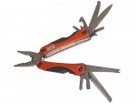 A multitool with orange and black handles featuring several extended tools, including pliers, a knife blade, a saw, a file, a can opener, and a screwdriver.
