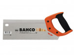A Bahco PrizeCut hand saw with an orange and black handle and a silver blade, featuring fine teeth and product labeling on the blade.