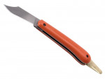 A folding utility knife with an orange handle, partially open to reveal a sharp, pointed silver blade and a brass end at the base of the handle.