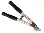 A pair of silver and black professional garden loppers with curved blades and black handles, designed for trimming branches and plants.
