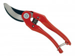 A pair of red-handled pruning shears with a curved stainless steel blade, shown against a white background.