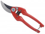 Red-handled garden pruning shears with a curved silver blade and a metal spring mechanism, shown against a white background.